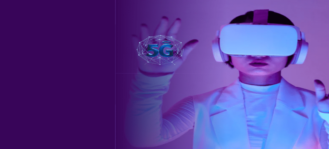 A person wearing a VR headset with a 5G network symbol floating in front, symbolizing the impact of 5G technology on enhancing AR/VR experiences through low latency and high throughput.