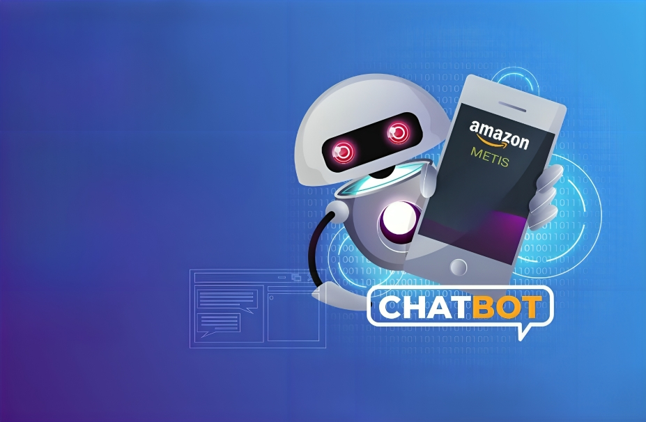 Amazon's new AI chatbot, Metis, designed to rival OpenAI's ChatGPT, showcasing a futuristic robot holding a smartphone with the Amazon Metis logo on the screen.