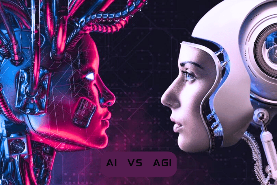 A visual comparison of AI and AGI, showing how AI enhances current digital experiences while AGI focuses on the future of intelligence