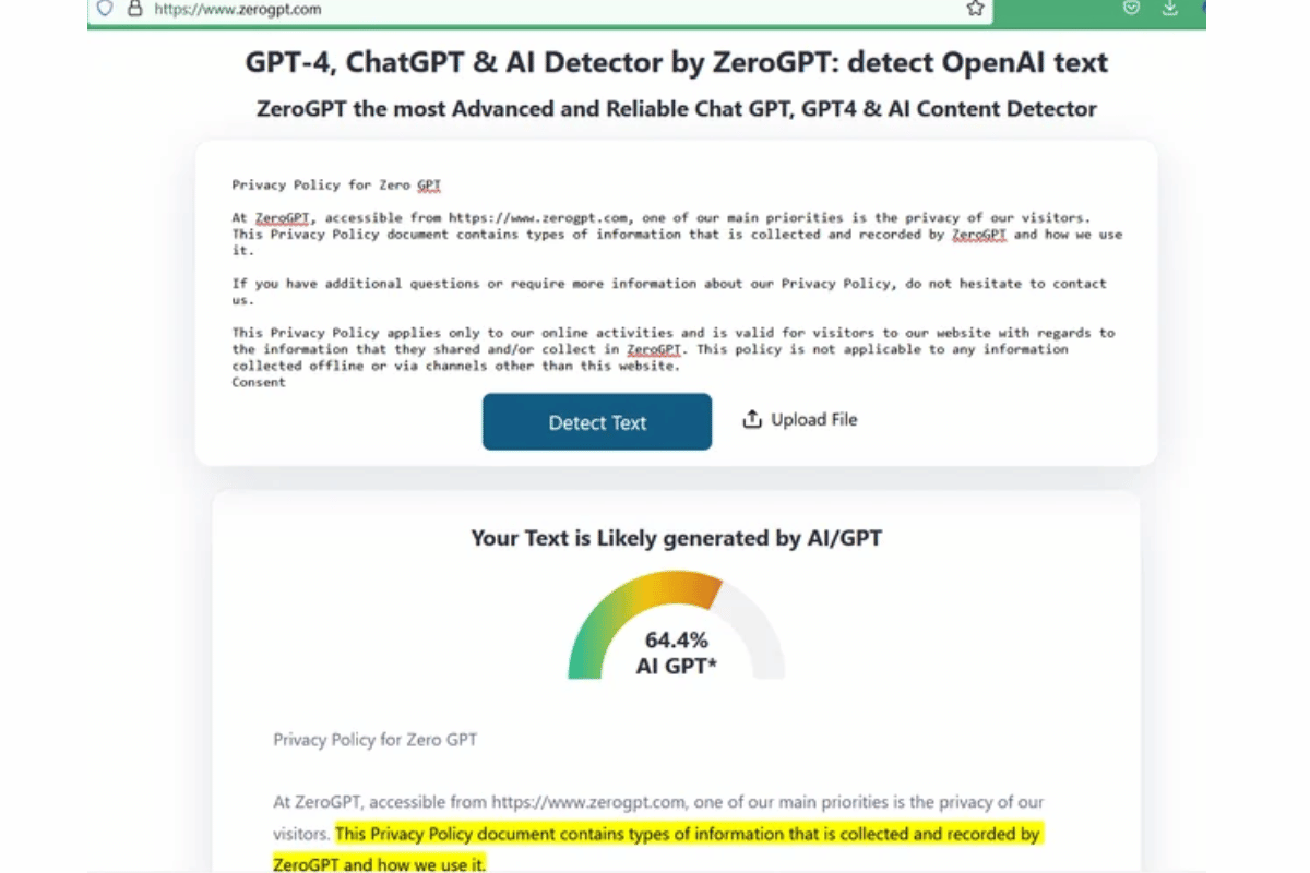 ZeroGPT tool detecting AI-generated content, ensuring authenticity and preventing misuse in digital content.