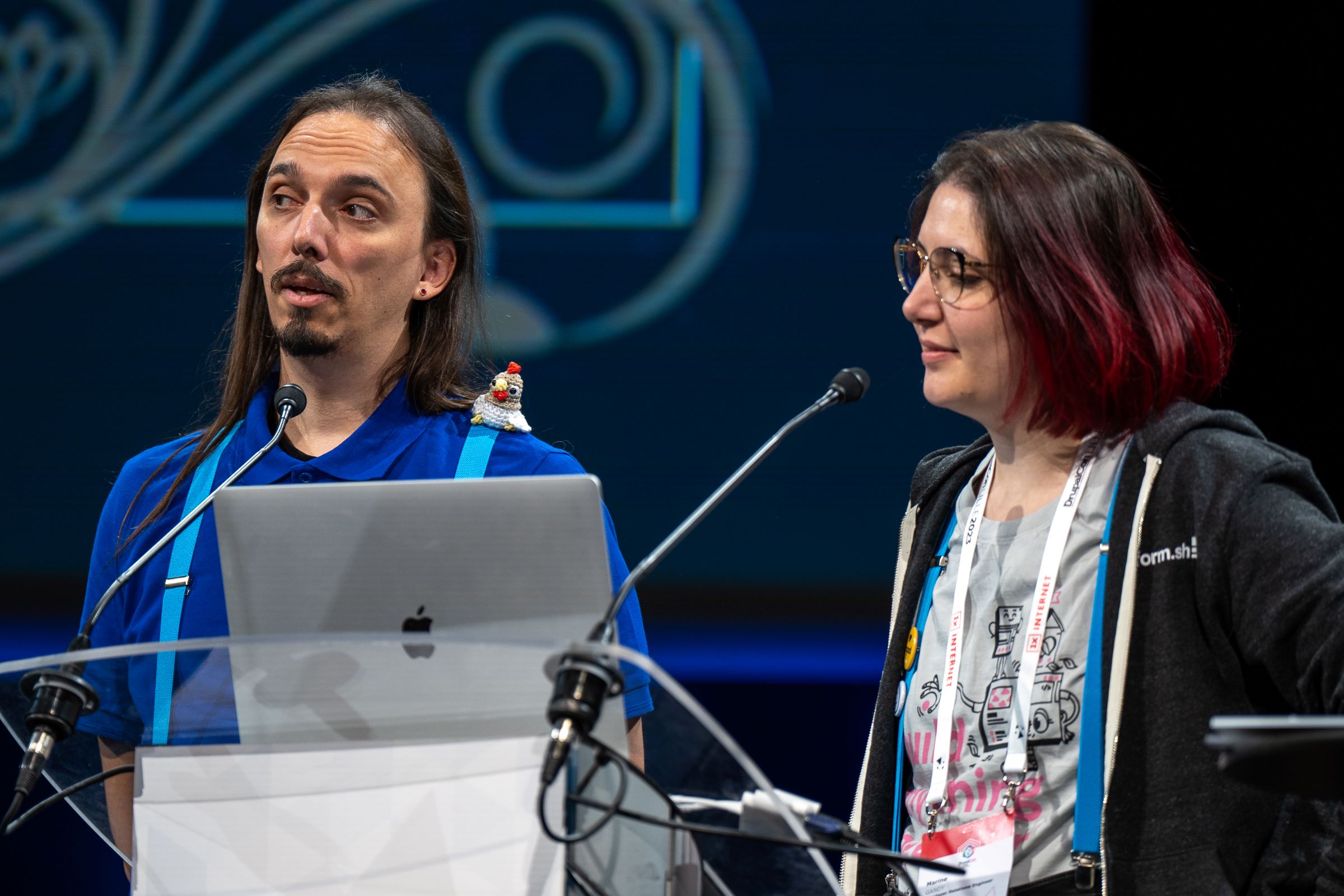 Nicolas Loye along with Marine Gandy speaking at the opening ceremony of DrupalCon Lille 2023