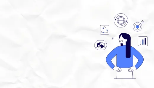 Illustration of a person with hands on hips, surrounded by various icons representing business concepts such as Partnerships, eco-friendliness,Data transformation, worldwide reach, data visualization, and goals. The background is wrinkled paper.