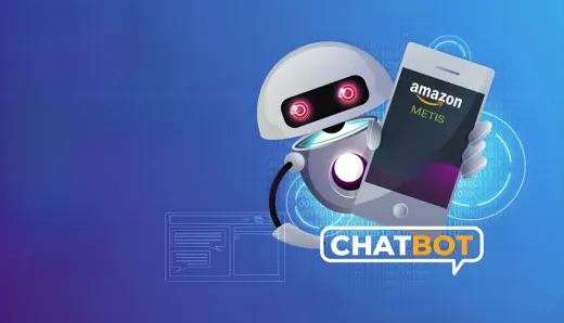 Amazon's new AI chatbot, Metis, designed to rival OpenAI's ChatGPT, showcasing a futuristic robot holding a smartphone with the Amazon Metis logo on the screen.