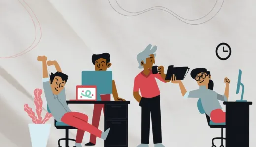 Illustration of a diverse office team engaged in activities like stretching, working, and collaborating, representing positive company culture and employee engagement in transformation