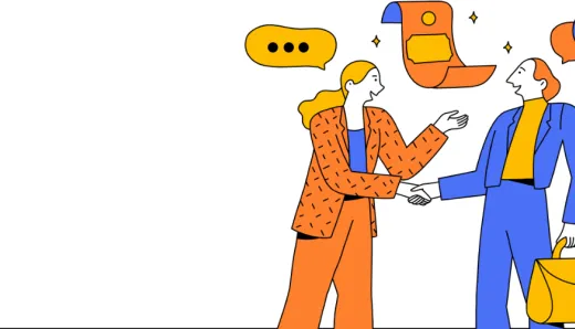 Two people shaking hands with a speech bubble above them, representing innovative customer experience technologies in 2024.