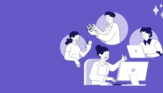 A team collaborates on devices against a vibrant purple backdrop, diving into customer success stories for actionable insights to enhance your CX strategy.