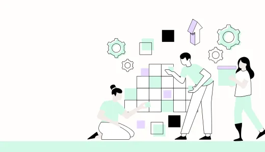 Diverse professionals collaborate on a digital transformation puzzle, showcasing teamwork and problem-solving in change management.