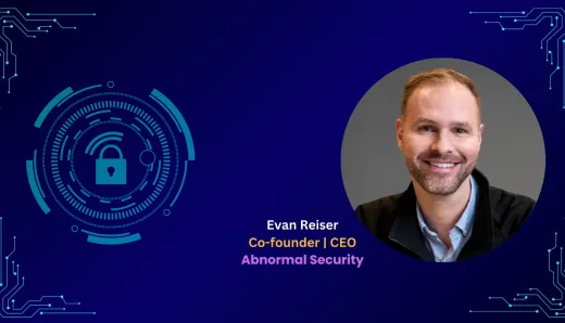 Evan Reiser, Co-founder and CEO of Abnormal Security, smiling, with a digital security graphic, symbolizing his leadership in AI-driven email security and cyber protection.