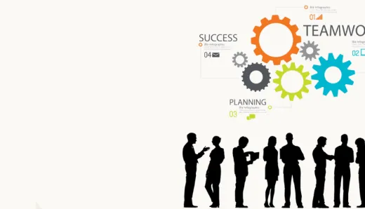 A diverse team collaborating, with gears labeled 'Teamwork', 'Planning', and 'Success' symbolizing the interconnected elements of digital transformation and innovation insights