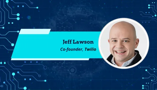  Jeff Lawson, co-founder of Twilio, smiling with a tech-themed background. The text beside him reads "Jeff Lawson, Co-founder, Twilio," highlighting his leadership role.