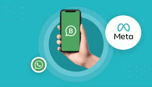 Hand holding a smartphone with WhatsApp Business logo, next to Meta logo, showcasing new AI and verification features for improved communication and credibility.