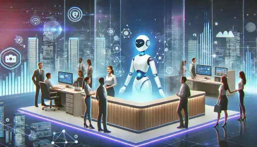 AI-powered customer service illustration showcasing a futuristic office with a robot assisting employees and analyzing data, highlighting advanced NLP and machine learning.