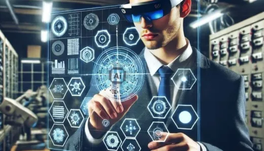 A professional wearing AR glasses interacts with a digital interface displaying AI-driven data, showcasing the integration of AI in revolutionizing digital experiences.