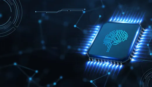 A digital illustration of a microchip with a brain pattern, symbolizing AI's transformative impact on data analytics, surrounded by glowing blue network connections.