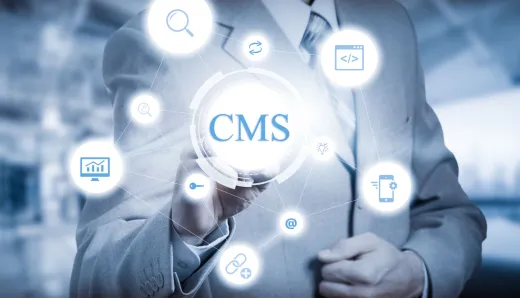 Business professional interacting with AI-powered Content Management System (CMS) interface, symbolizing the integration of AI in digital content management.