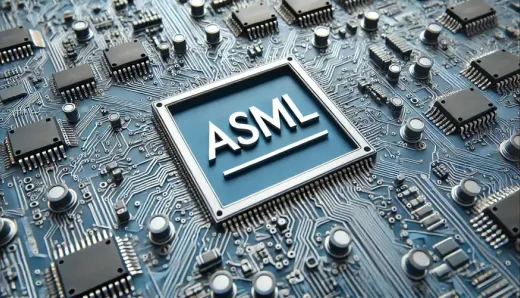 High-tech circuit board background with ASML logo, showcasing advanced semiconductor technology and precision electronics for modern digital solutions