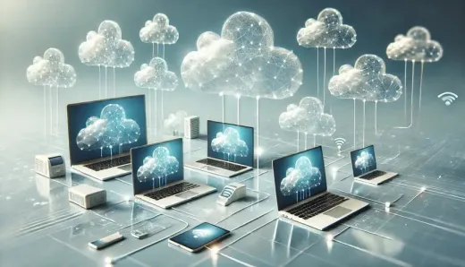 A network of laptops and devices connected to cloud servers, symbolizing the efficiency, scalability, and benefits of cloud-based content management systems (CMS).