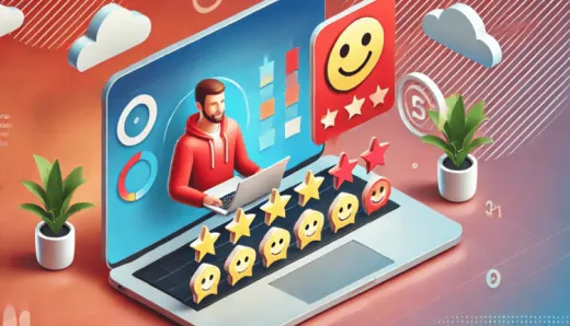 A person in a red hoodie working on a laptop with various customer feedback icons displayed, including star ratings and smiley faces, representing the process of turning customer surveys into actionable insights.