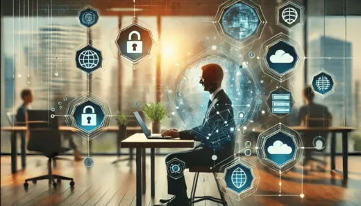 Professional working on a laptop in a modern office with digital icons of AI, blockchain, and cloud computing, representing cybersecurity in digital transformation.