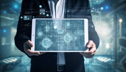 A business professional holding a digital tablet displaying complex data visualizations, symbolizing the measurement of ROI in digital transformation initiatives.