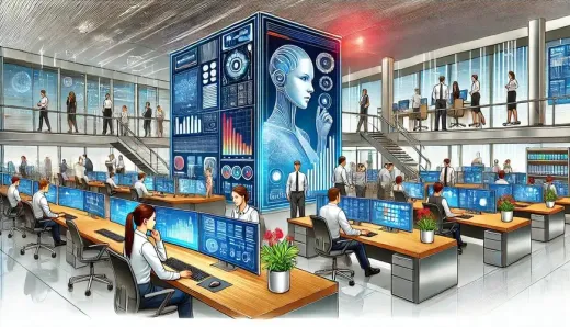 Modern office with employees working on advanced digital systems, showcasing the integration of generative AI in business operations, enhancing efficiency and innovation.