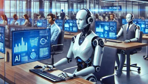 Robots and human agents working side by side in a modern call center, utilizing generative AI to enhance customer service efficiency and personalization