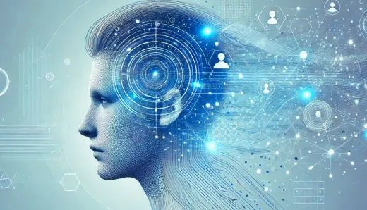 Abstract digital interface overlay on a human profile, emphasizing generative AI and digital transformation with blue tones and glowing AI-related elements.