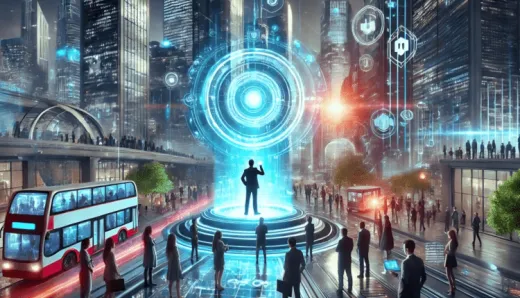 Futuristic cityscape illustrating customer experience in the metaverse, with people engaging through a glowing portal and a businessperson using a VR headset