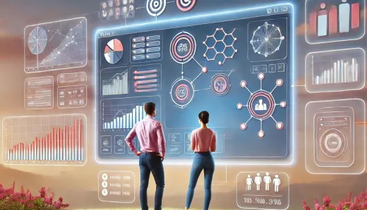 Two people analyzing futuristic data visualizations and charts on a large digital screen, representing the integration of Natural Language Processing (NLP) in business analytics.