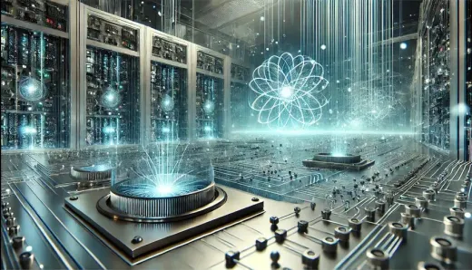 Futuristic laboratory with advanced quantum computers emitting blue and green glow, representing the future of data processing and quantum computing technology.