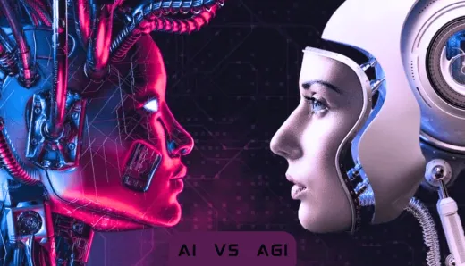 A visual comparison of AI and AGI, showing how AI enhances current digital experiences while AGI focuses on the future of intelligence