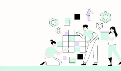 Diverse professionals collaborate on a digital transformation puzzle, showcasing teamwork and problem-solving in change management.